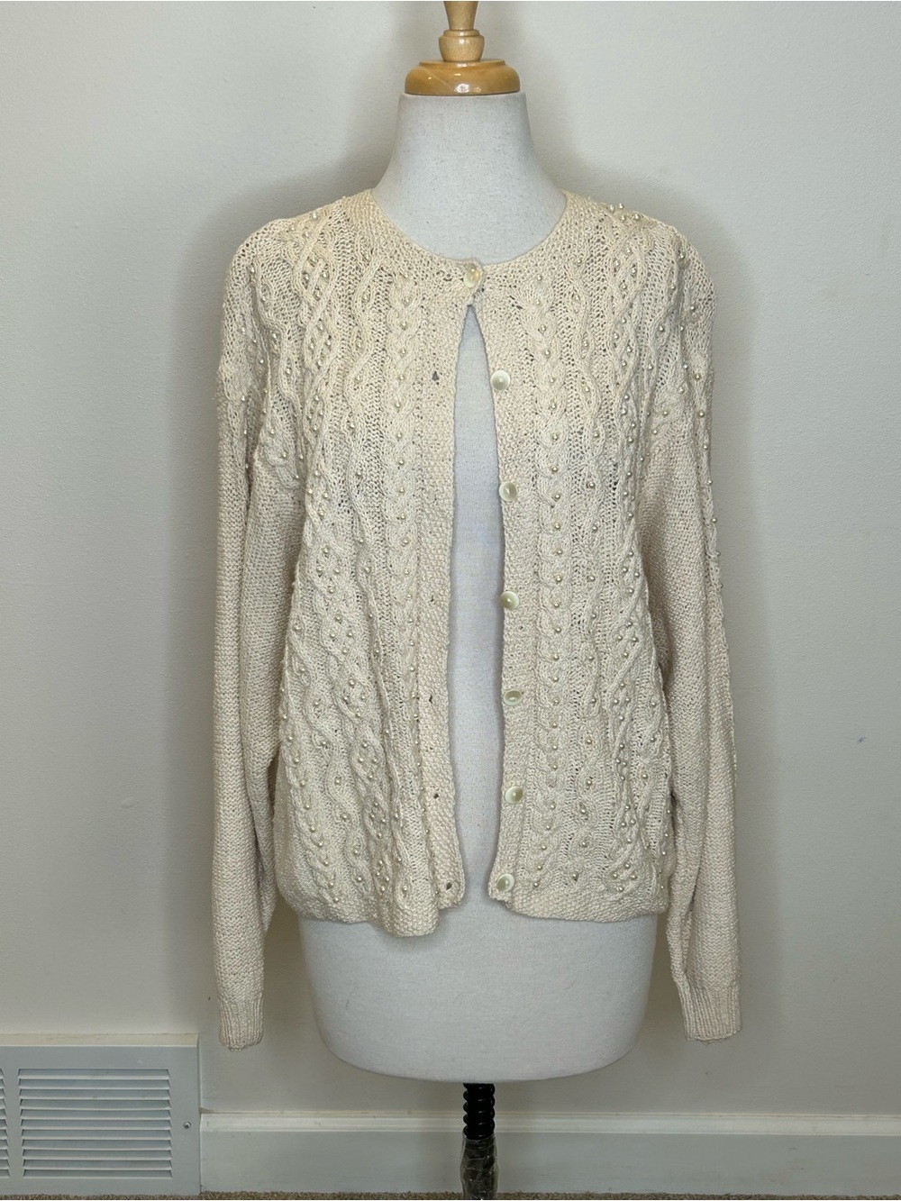 Vintage Liz Claiborne Ivory Cable Knit Cardigan with Bead Accents Size L